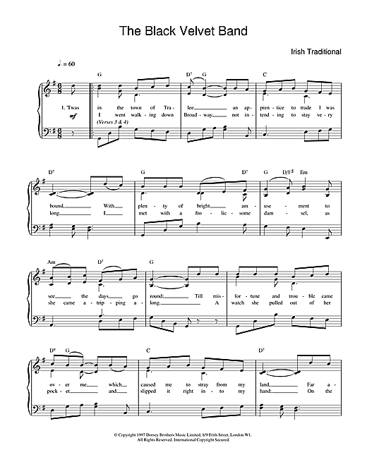 Learn to play Irish Folksong The Black Velvet Band sheet music for Piano, Vocal & Guitar (Right-Hand Melody) in minutes. Irish Folksong The Black Velvet Band sheet music notes and chords