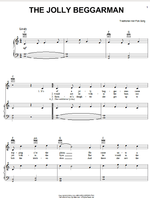 Learn to play Irish Folksong The Jolly Beggarman sheet music for Easy Piano in minutes. Irish Folksong The Jolly Beggarman sheet music preview music notes and score for Easy Piano including 2 page(s)