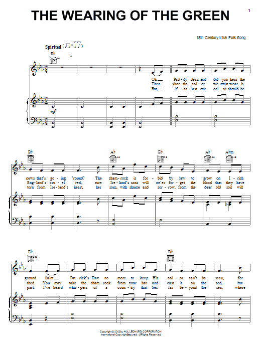 Learn to play Irish Folksong The Wearing Of The Green sheet music for Piano, Vocal & Guitar (Right-Hand Melody) in minutes. Irish Folksong The Wearing Of The Green sheet music preview music notes and score for Piano, Vocal & Guitar (Right-Hand Melody) including 2 page(s)
