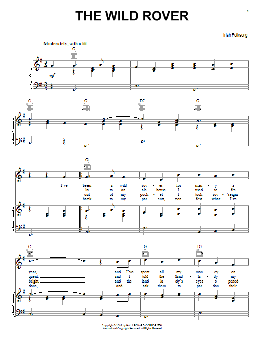 Learn to play Irish Folksong Wild Rover sheet music for Piano, Vocal & Guitar (Right-Hand Melody) in minutes. Irish Folksong Wild Rover sheet music preview music notes and score for Piano, Vocal & Guitar (Right-Hand Melody) including 3 page(s)