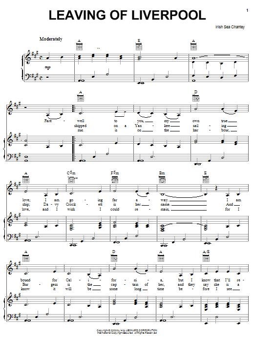 Irish Sea Shanty Leaving Of Liverpool sheet music preview music notes and score for Piano, Vocal & Guitar (Right-Hand Melody) including 2 page(s)