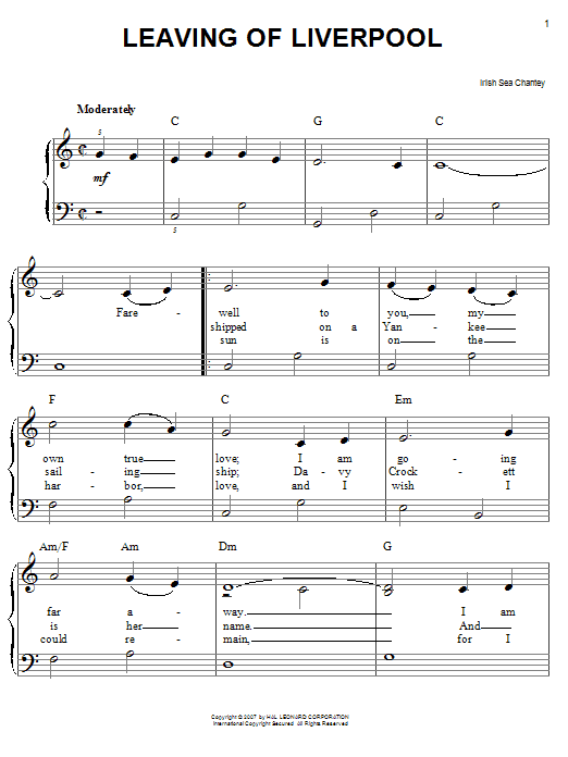 Learn to play Irish Sea Shanty Leaving Of Liverpool sheet music for Easy Piano in minutes. Irish Sea Shanty Leaving Of Liverpool sheet music preview music notes and score for Easy Piano including 3 page(s)