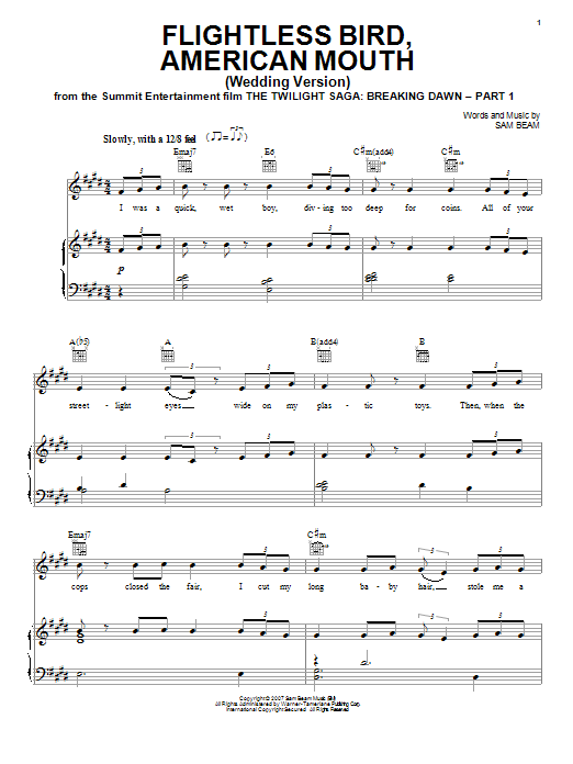 Iron & Wine Flightless Bird, American Mouth (Wedding Version) sheet music, chords, lyrics - Printable PDF for Piano, Vocal & Guitar (Right-Hand Melody)