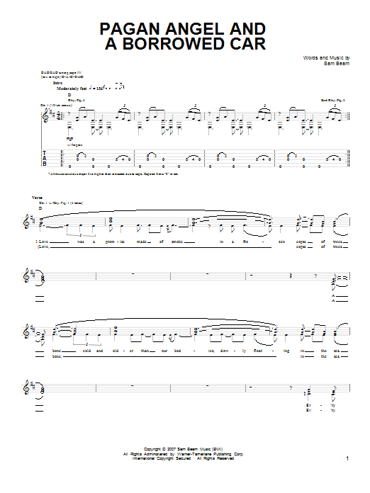 Iron & Wine Pagan Angel And A Borrowed Car sheet music, chords, lyrics - Printable PDF for Easy Guitar