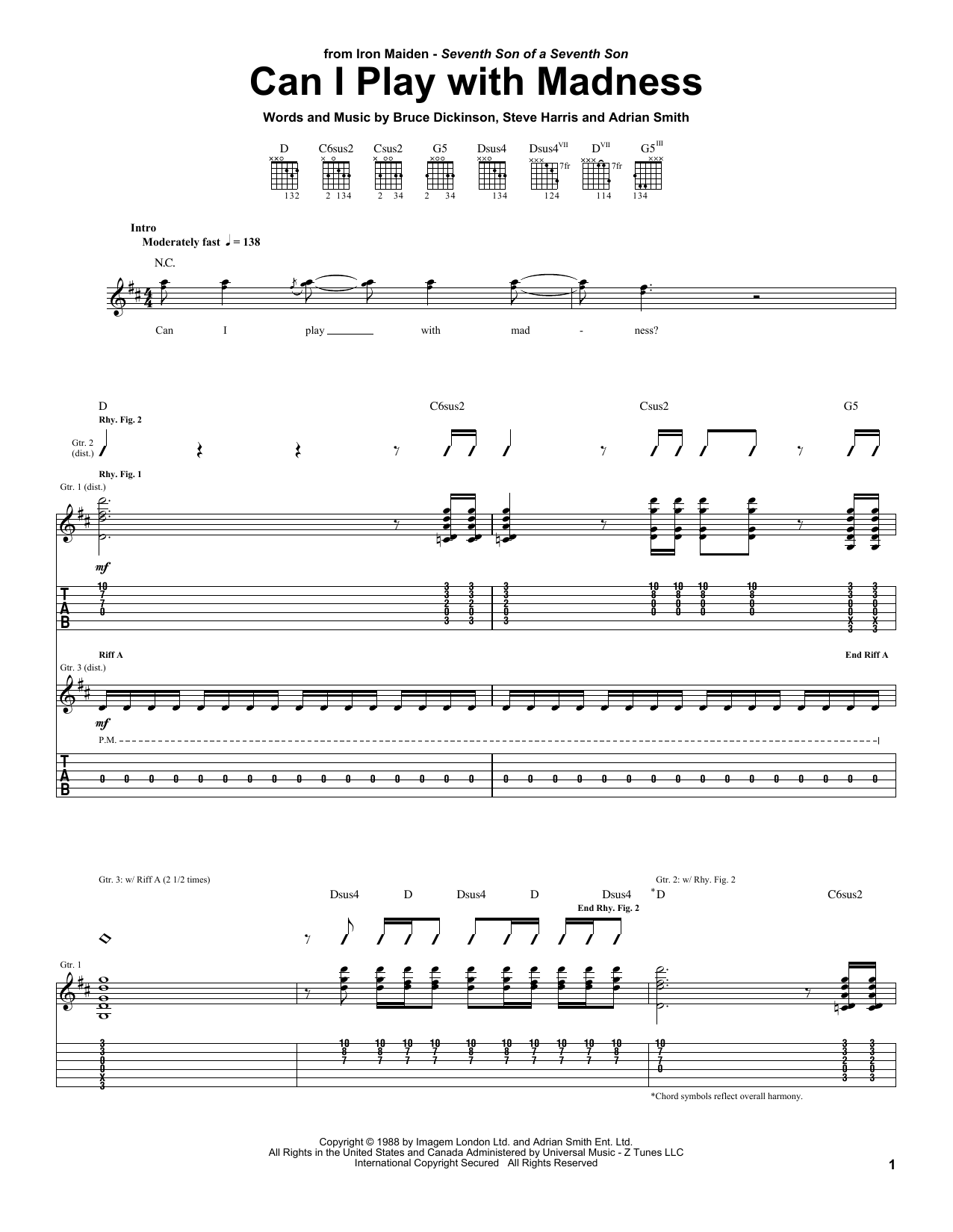 Iron Maiden Can I Play With Madness sheet music preview music notes and score for Guitar Tab including 10 page(s)