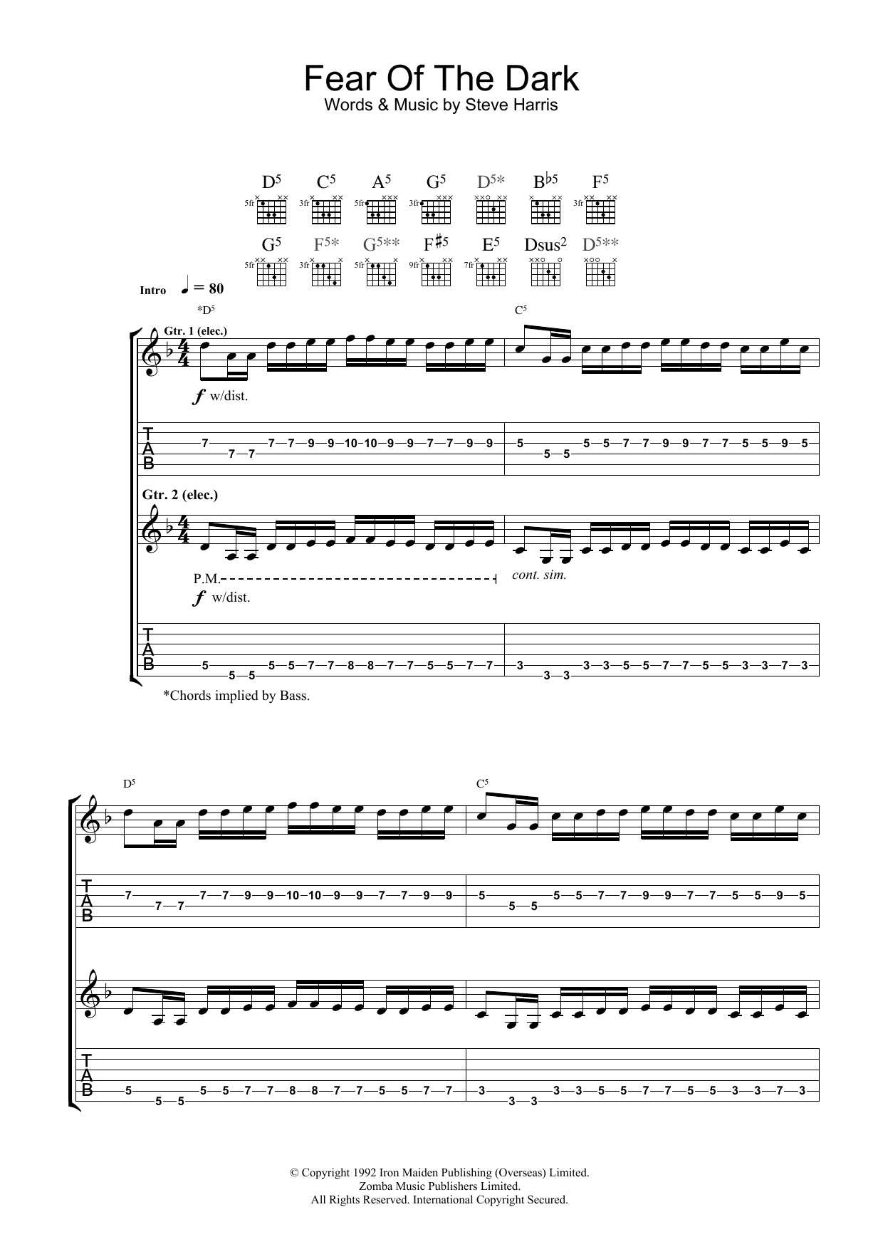 Iron Maiden Fear Of The Dark sheet music preview music notes and score for Guitar Tab including 15 page(s)