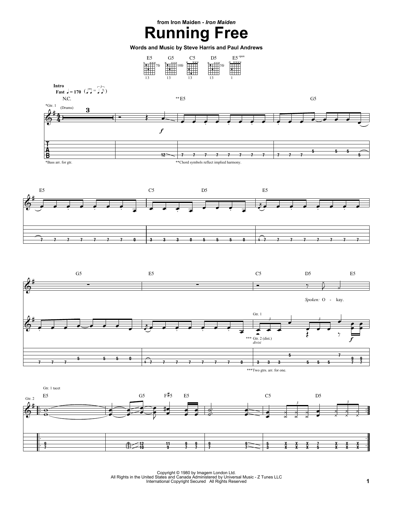 Learn to play Iron Maiden Running Free sheet music for Guitar Tab in minutes. Iron Maiden Running Free sheet music preview music notes and score for Guitar Tab including 6 page(s)