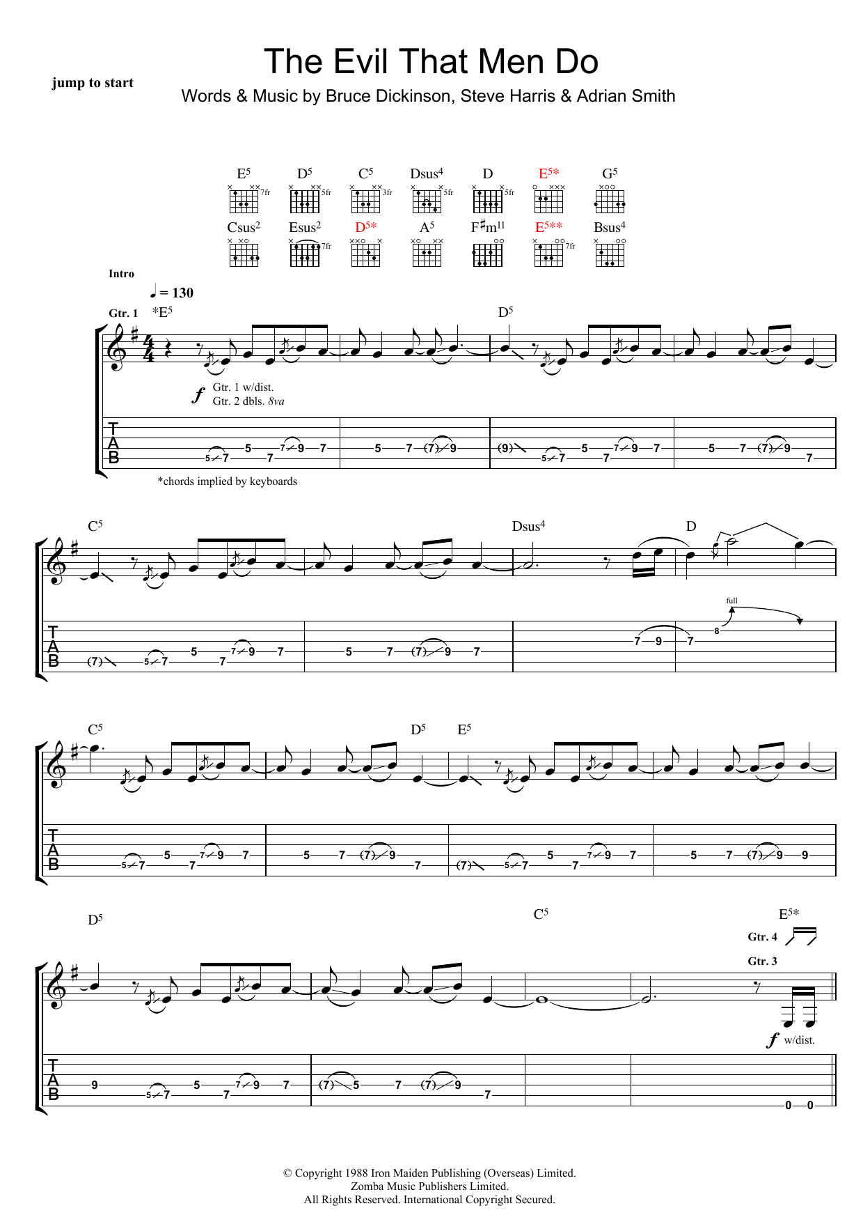 Learn to play Iron Maiden The Evil That Men Do sheet music for Guitar Tab in minutes. Iron Maiden The Evil That Men Do sheet music preview music notes and score for Guitar Tab including 10 page(s)