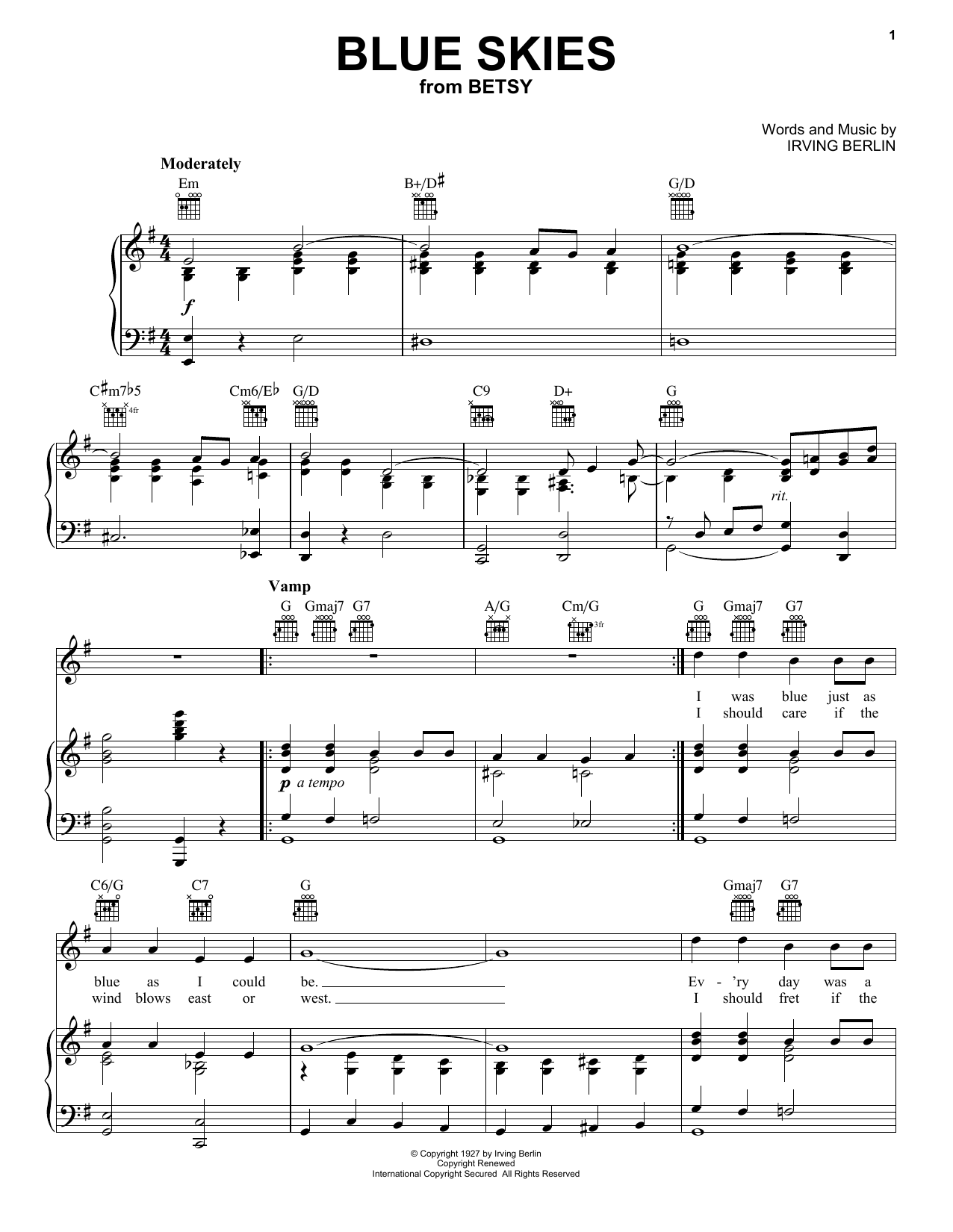 Download Frank Sinatra Blue Skies sheet music notes and chords for Piano, Vocal & Guitar (Right-Hand Melody) - Download Printable PDF and start playing in minutes.