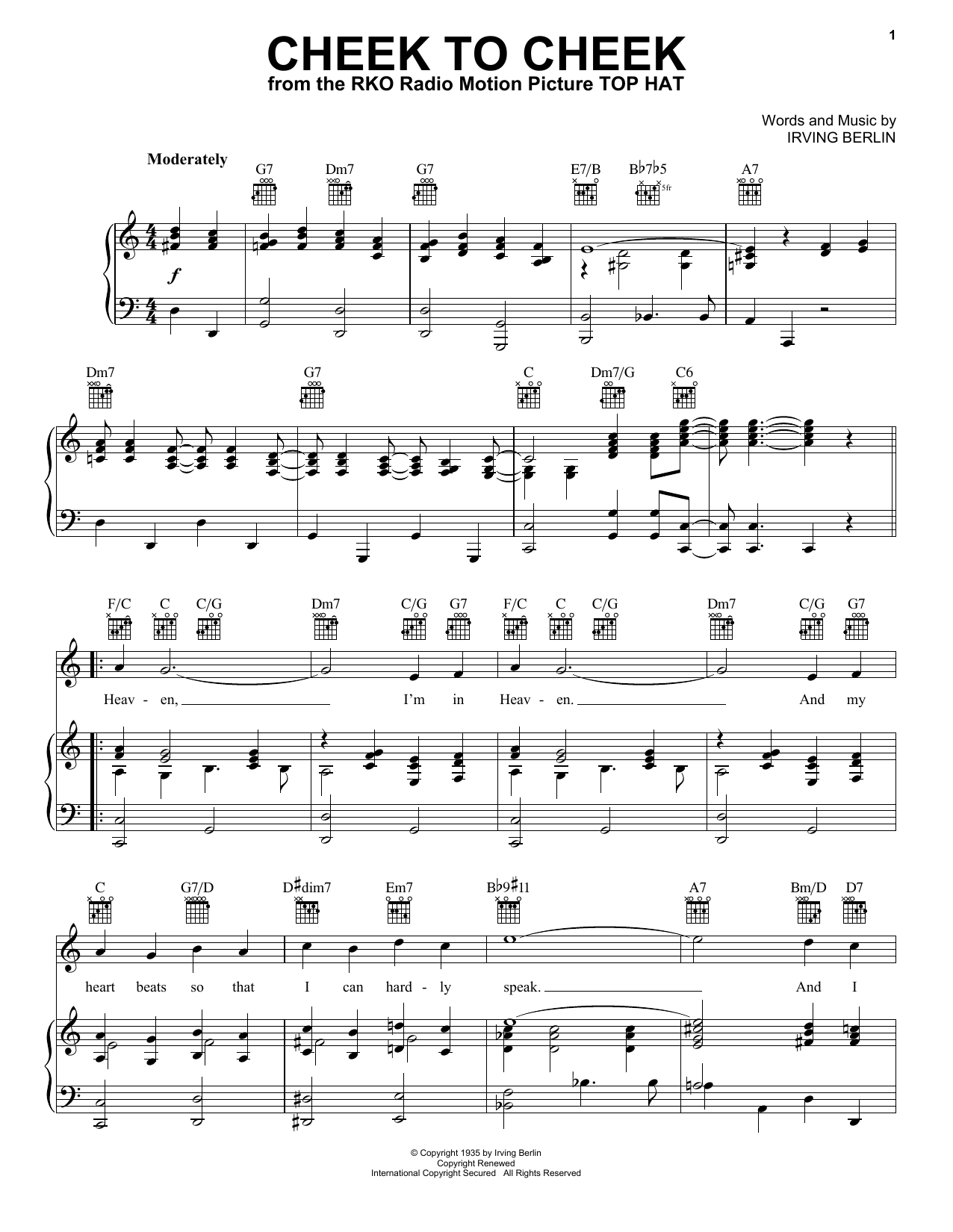 Download Irving Berlin Cheek To Cheek sheet music notes and chords for Piano, Vocal & Guitar (Right-Hand Melody) - Download Printable PDF and start playing in minutes.