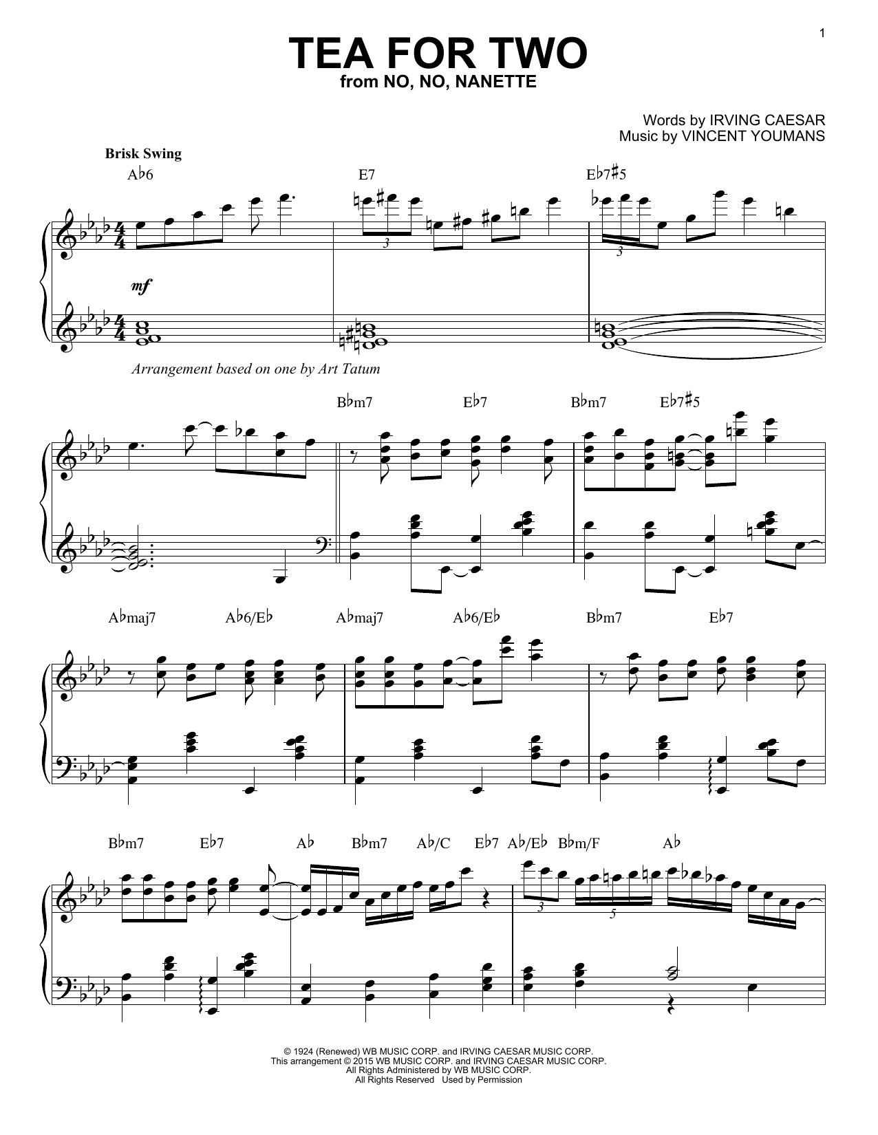 Vincent Youmans Tea For Two sheet music, chords, lyrics - Printable PDF for Piano