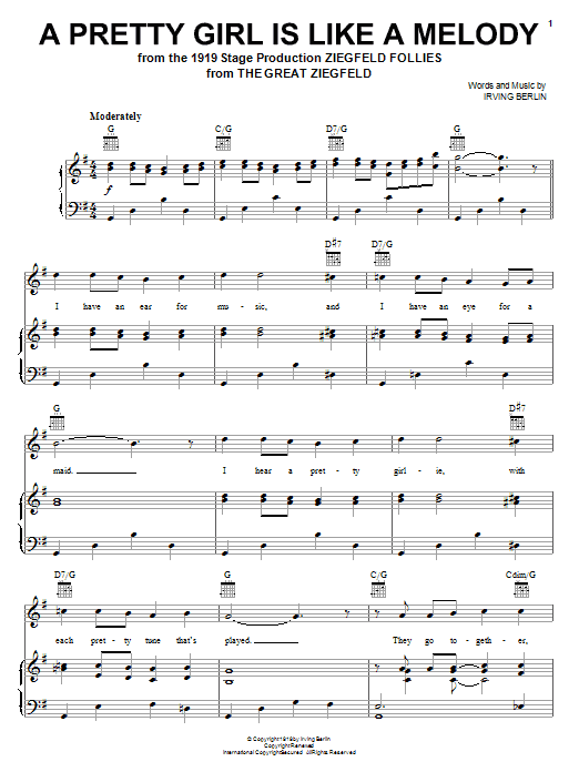 Learn to play Irving Berlin A Pretty Girl Is Like A Melody sheet music for Piano, Vocal & Guitar (Right-Hand Melody) in minutes. Irving Berlin A Pretty Girl Is Like A Melody sheet music notes and chords