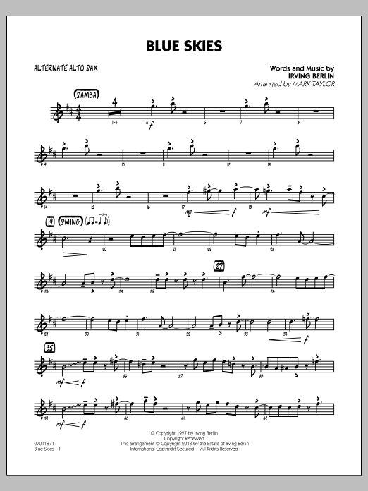 Learn to play Irving Berlin Blue Skies - Alternate Alto Sax sheet music for Jazz Ensemble in minutes. Irving Berlin Blue Skies - Alternate Alto Sax sheet music notes and chords