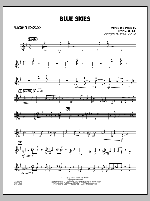 Learn to play Irving Berlin Blue Skies - Alternate Tenor Sax sheet music for Jazz Ensemble in minutes. Irving Berlin Blue Skies - Alternate Tenor Sax sheet music notes and chords