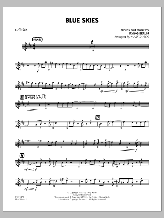 Learn to play Irving Berlin Blue Skies - Alto Sax sheet music for Jazz Ensemble in minutes. Irving Berlin Blue Skies - Alto Sax sheet music notes and chords