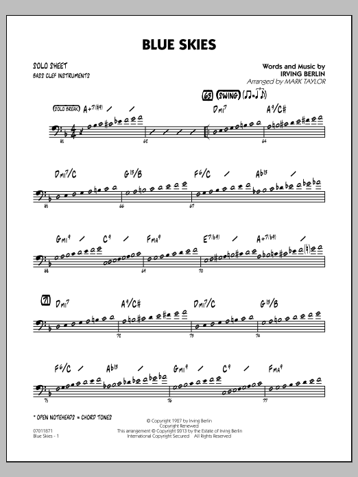 Learn to play Irving Berlin Blue Skies - Bass Clef Solo Sheet sheet music for Jazz Ensemble in minutes. Irving Berlin Blue Skies - Bass Clef Solo Sheet sheet music notes and chords