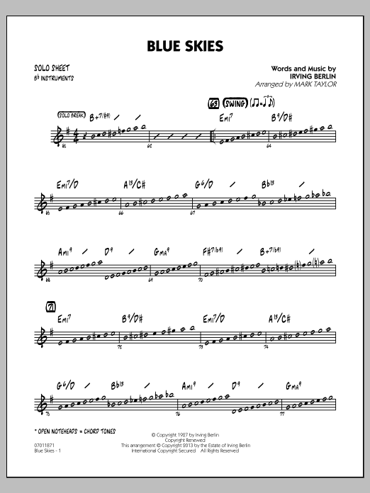 Learn to play Irving Berlin Blue Skies - Bb Solo Sheet sheet music for Jazz Ensemble in minutes. Irving Berlin Blue Skies - Bb Solo Sheet sheet music notes and chords