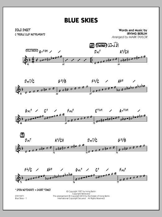 Learn to play Irving Berlin Blue Skies - C Solo Sheet sheet music for Jazz Ensemble in minutes. Irving Berlin Blue Skies - C Solo Sheet sheet music notes and chords