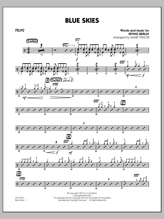 Learn to play Irving Berlin Blue Skies - Drums sheet music for Jazz Ensemble in minutes. Irving Berlin Blue Skies - Drums sheet music notes and chords