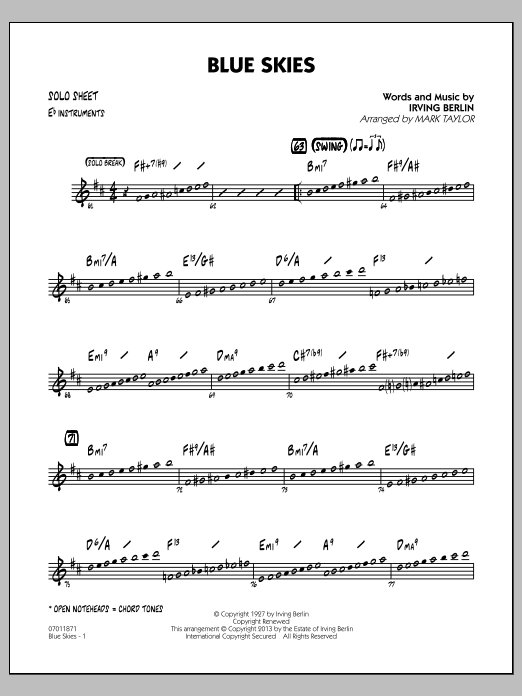 Learn to play Irving Berlin Blue Skies - Eb Solo Sheet sheet music for Jazz Ensemble in minutes. Irving Berlin Blue Skies - Eb Solo Sheet sheet music notes and chords