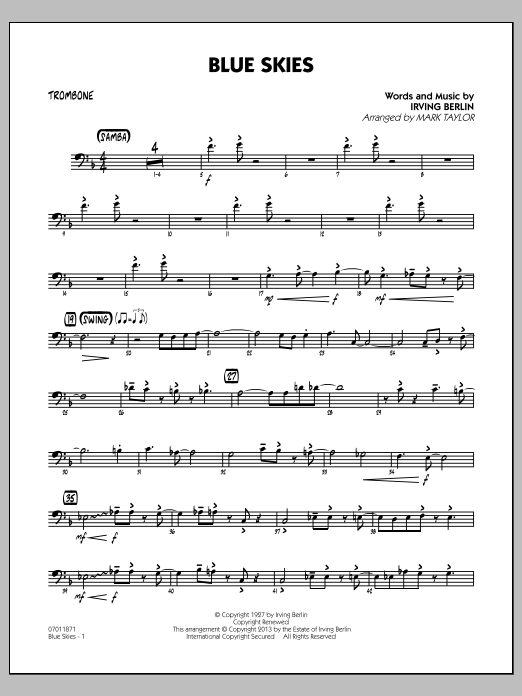 Learn to play Irving Berlin Blue Skies - Trombone sheet music for Jazz Ensemble in minutes. Irving Berlin Blue Skies - Trombone sheet music notes and chords