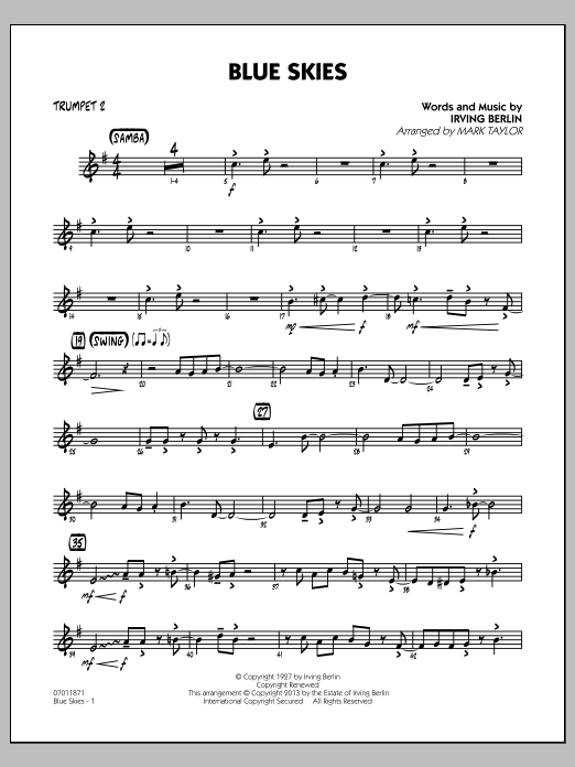 Learn to play Irving Berlin Blue Skies - Trumpet 2 sheet music for Jazz Ensemble in minutes. Irving Berlin Blue Skies - Trumpet 2 sheet music notes and chords