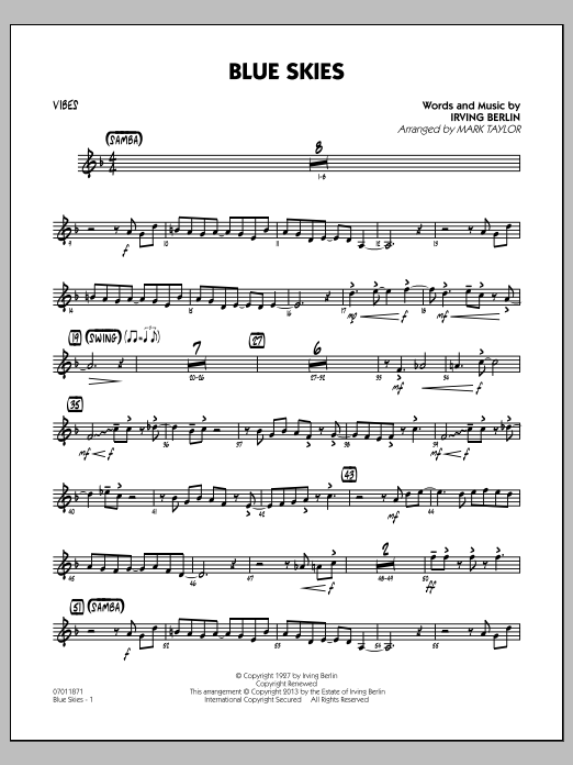 Learn to play Irving Berlin Blue Skies - Vibes sheet music for Jazz Ensemble in minutes. Irving Berlin Blue Skies - Vibes sheet music notes and chords