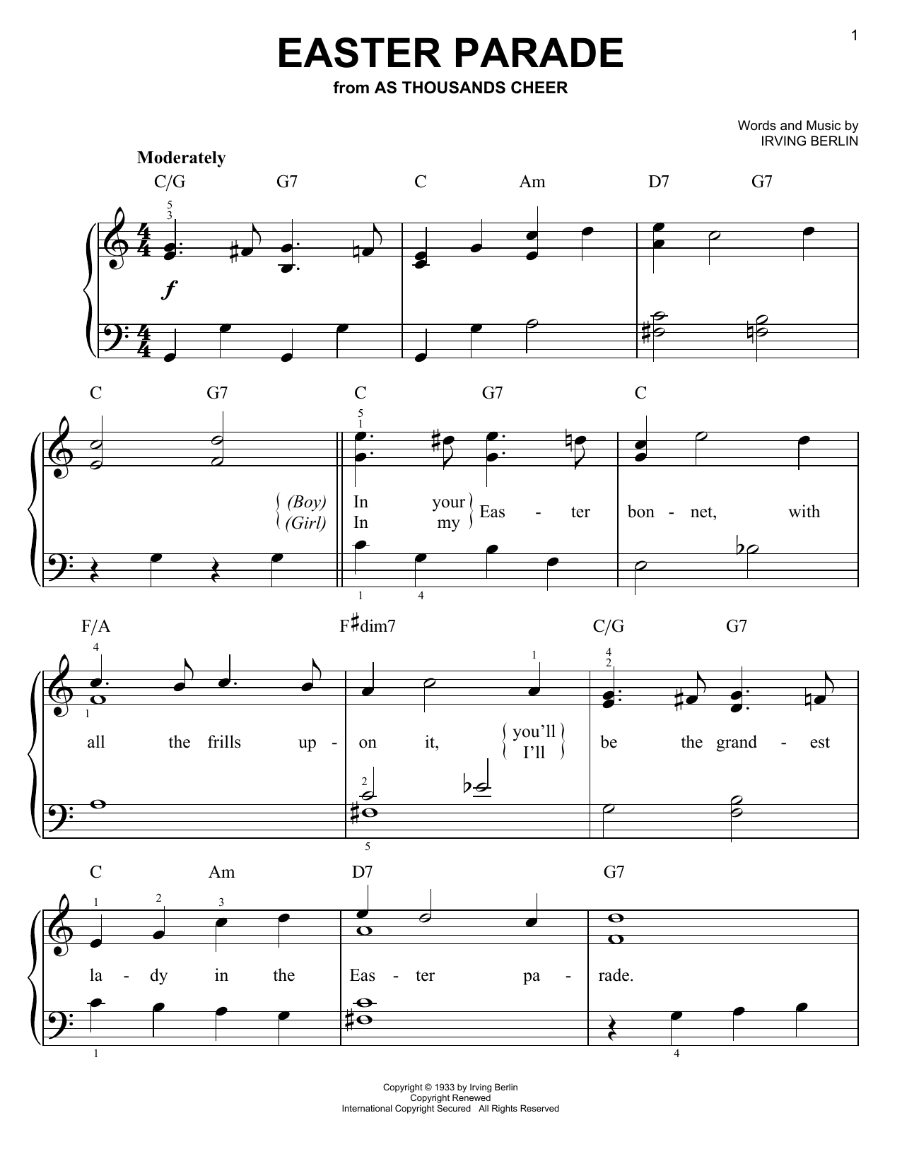 Learn to play Irving Berlin Easter Parade sheet music for Piano, Vocal & Guitar (Right-Hand Melody) in minutes. Irving Berlin Easter Parade sheet music preview music notes and score for Piano, Vocal & Guitar (Right-Hand Melody) including 4 page(s)