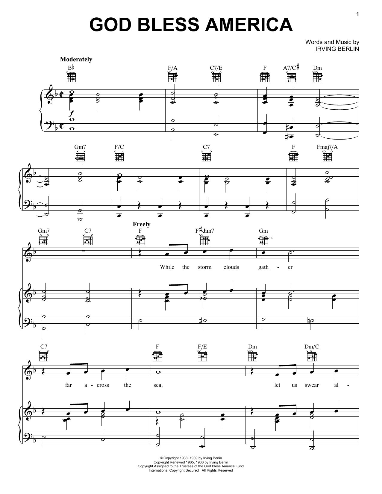 Learn to play Irving Berlin God Bless America sheet music for Piano, Vocal & Guitar (Right-Hand Melody) in minutes. Irving Berlin God Bless America sheet music notes and chords