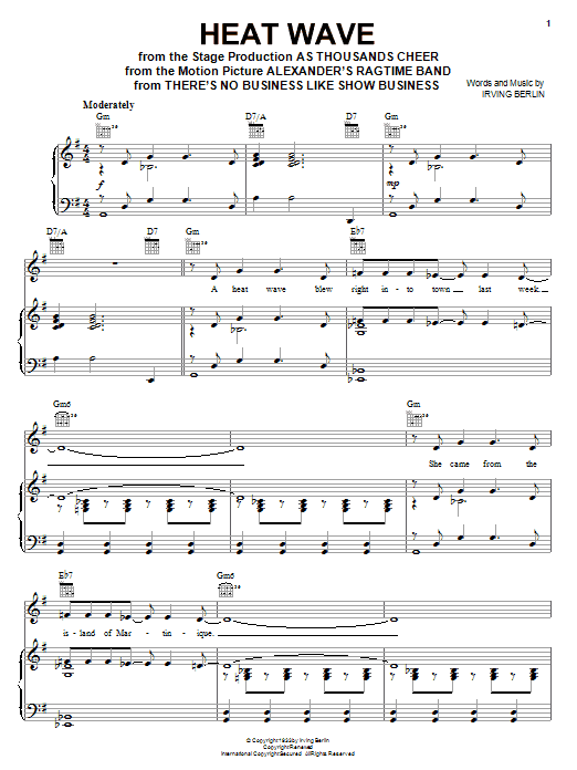 Learn to play Irving Berlin Heat Wave sheet music for Piano, Vocal & Guitar (Right-Hand Melody) in minutes. Irving Berlin Heat Wave sheet music preview music notes and score for Piano, Vocal & Guitar (Right-Hand Melody) including 6 page(s)