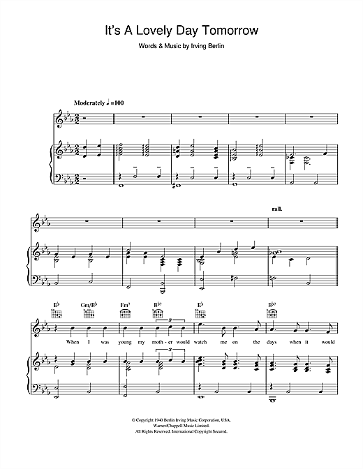 Learn to play Irving Berlin It's A Lovely Day Tomorrow sheet music for Piano, Vocal & Guitar (Right-Hand Melody) in minutes. Irving Berlin It's A Lovely Day Tomorrow sheet music notes and chords