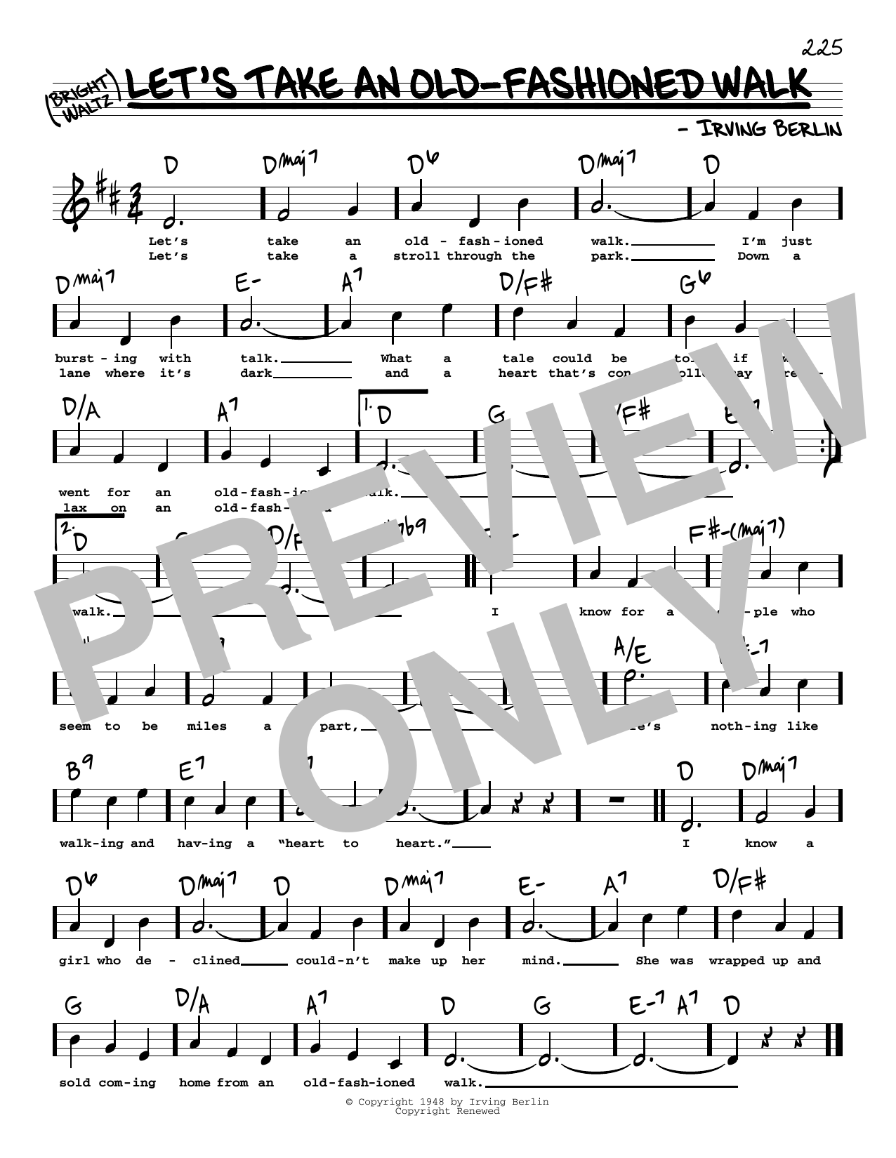 Learn to play Irving Berlin Let's Take An Old-Fashioned Walk (High Voice) (from Miss Liberty) sheet music for Real Book – Melody, Lyrics & Chords in minutes. Irving Berlin Let's Take An Old-Fashioned Walk (High Voice) (from Miss Liberty) sheet music preview music notes and score for Real Book – Melody, Lyrics & Chords including 1 page(s)