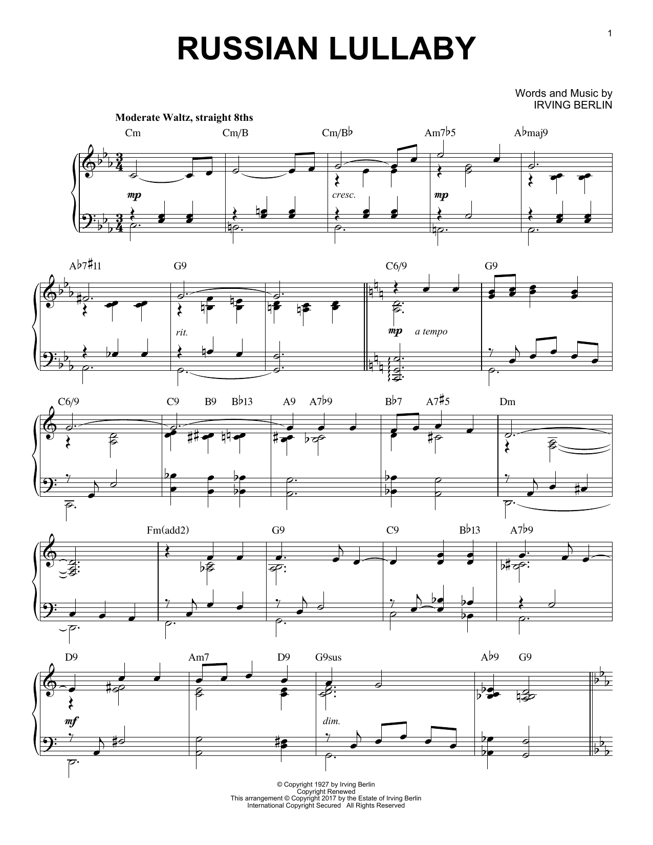 Learn to play Irving Berlin Russian Lullaby sheet music for Piano in minutes. Irving Berlin Russian Lullaby sheet music notes and chords