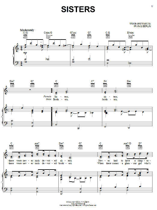 Learn to play Irving Berlin Sisters sheet music for Piano, Vocal & Guitar (Right-Hand Melody) in minutes. Irving Berlin Sisters sheet music preview music notes and score for Piano, Vocal & Guitar (Right-Hand Melody) including 4 page(s)