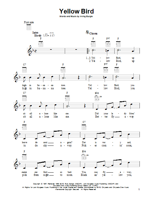 Learn to play Irving Burgie Yellow Bird sheet music for Ukulele in minutes. Irving Burgie Yellow Bird sheet music preview music notes and score for Ukulele including 2 page(s)