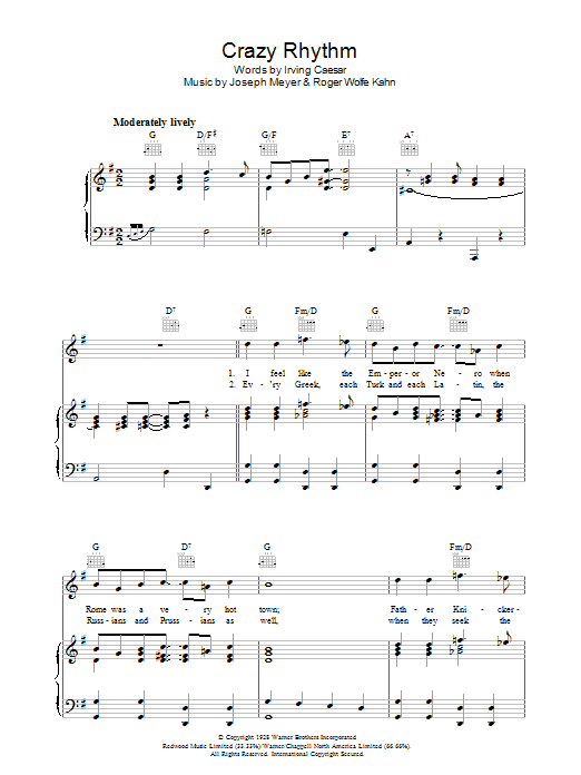 Learn to play Irving Caesar Crazy Rhythm sheet music for Piano, Vocal & Guitar (Right-Hand Melody) in minutes. Irving Caesar Crazy Rhythm sheet music preview music notes and score for Piano, Vocal & Guitar (Right-Hand Melody) including 6 page(s)