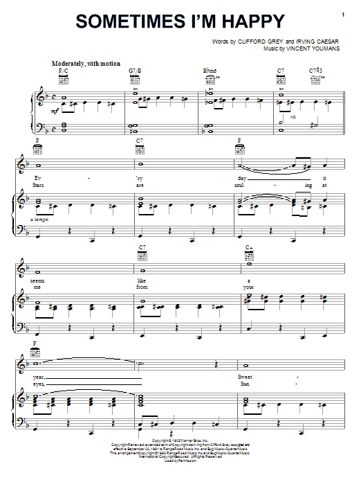 Learn to play Irving Caesar Sometimes I'm Happy sheet music for Piano, Vocal & Guitar (Right-Hand Melody) in minutes. Irving Caesar Sometimes I'm Happy sheet music notes and chords