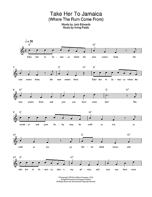 Learn to play Irving Fields Take Her To Jamaica (Where The Rum Come From) sheet music for Piano, Vocal & Guitar (Right-Hand Melody) in minutes. Irving Fields Take Her To Jamaica (Where The Rum Come From) sheet music notes and chords