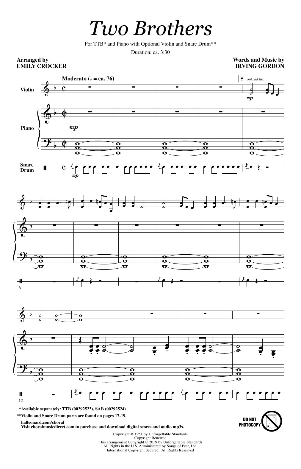 Irving Gordon Two Brothers (arr. Emily Crocker) sheet music preview music notes and score for TTB Choir including 18 page(s)