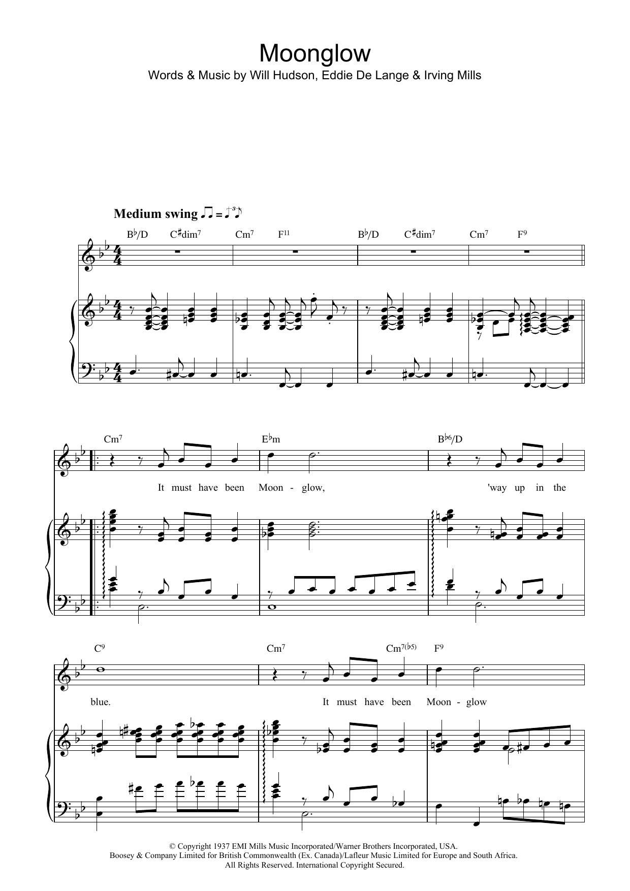Irving Mills Moonglow sheet music preview music notes and score for Piano, Vocal & Guitar (Right-Hand Melody) including 3 page(s)