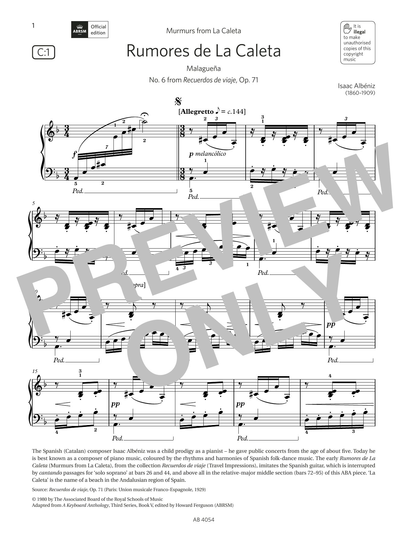 Isaac Albéniz Rumores de La Caleta (Grade 8, list C1, from the ABRSM Piano Syllabus 2023 & 2024) sheet music, chords, lyrics - Printable PDF for Piano Solo