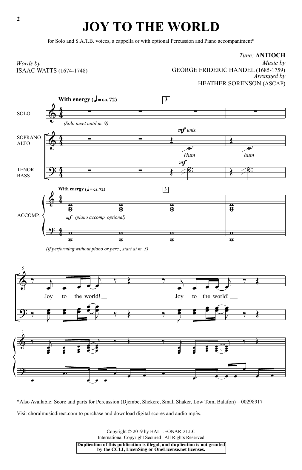 Isaac Watts Joy To The World (arr. Heather Sorenson) sheet music, chords, lyrics - Printable PDF for SATB Choir