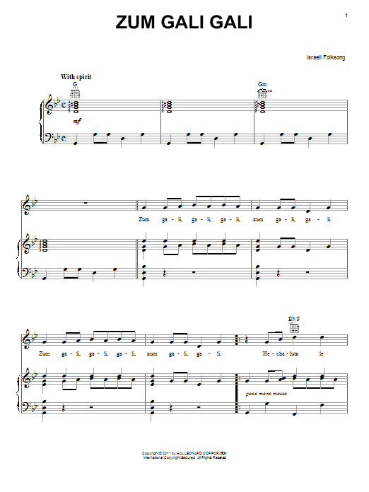 Learn to play Israeli Folk Song Zum Gali Gali sheet music for Piano, Vocal & Guitar (Right-Hand Melody) in minutes. Israeli Folk Song Zum Gali Gali sheet music preview music notes and score for Piano, Vocal & Guitar (Right-Hand Melody) including 2 page(s)