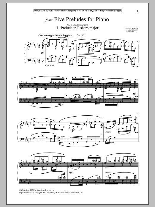 Ivor Gurney Five Preludes For Piano, I. Prelude In F# Major sheet music, chords, lyrics - Printable PDF for Piano