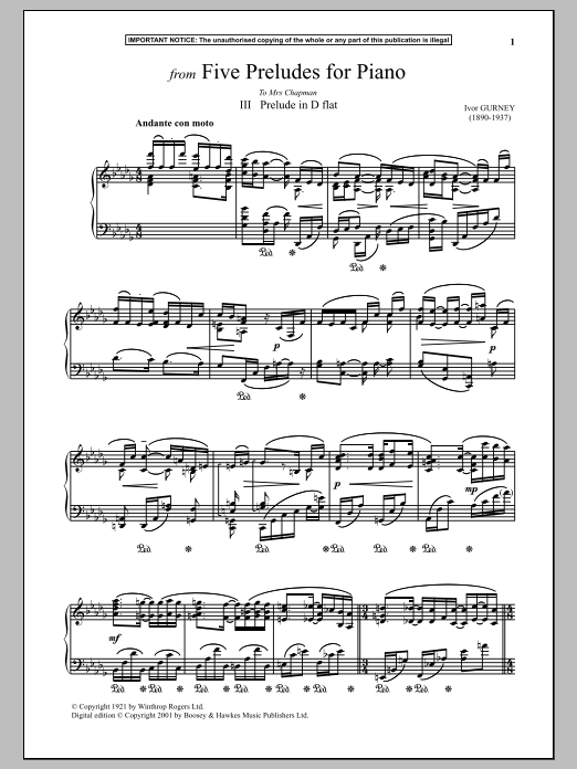 Ivor Gurney Five Preludes For Piano, III. Prelude In D-Flat sheet music, chords, lyrics - Printable PDF for Piano