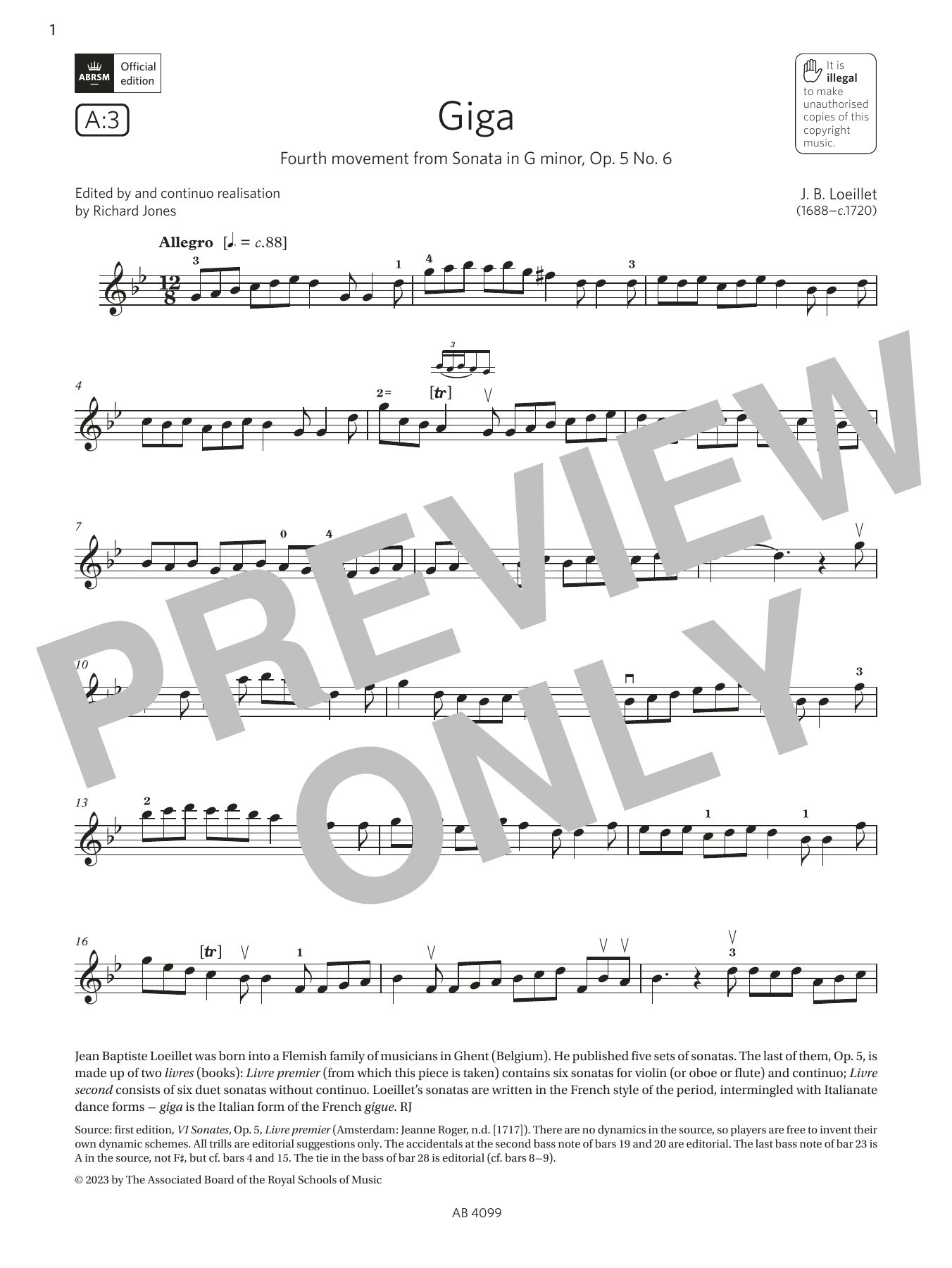 J. B. Loeillet Giga (Grade 5, A3, from the ABRSM Violin Syllabus from 2024) sheet music, chords, lyrics - Printable PDF for Violin Solo
