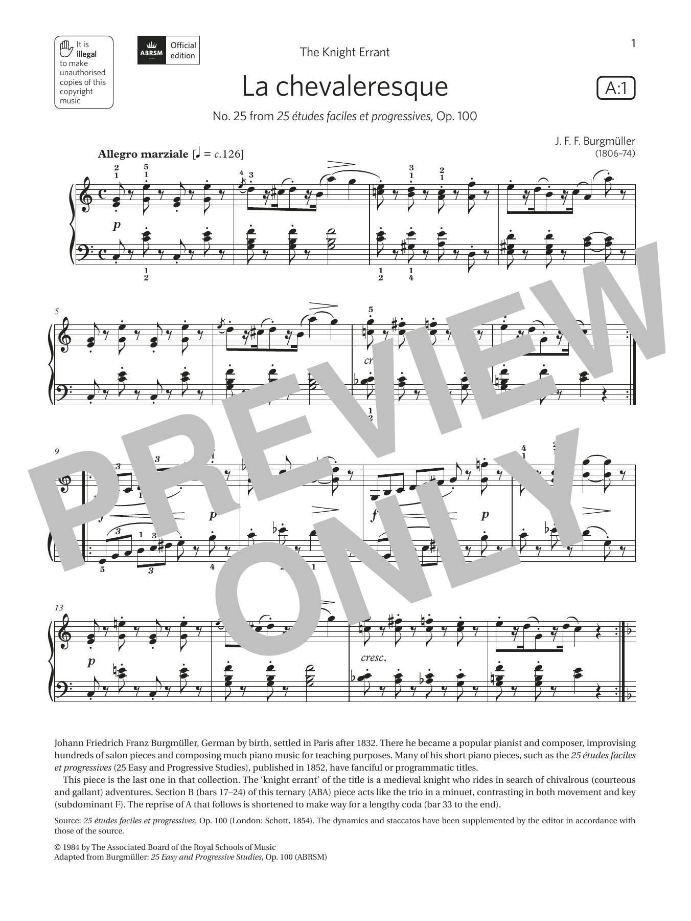 J. F. Burgmüller La chevaleresque (Grade 5, list A1, from the ABRSM Piano Syllabus 2021 & 2022) sheet music, chords, lyrics - Printable PDF for Piano Solo