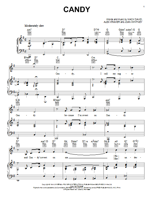 J. Mercer, J. Stafford & Pied Pipers Candy sheet music, chords, lyrics - Printable PDF for Piano, Vocal & Guitar (Right-Hand Melody)