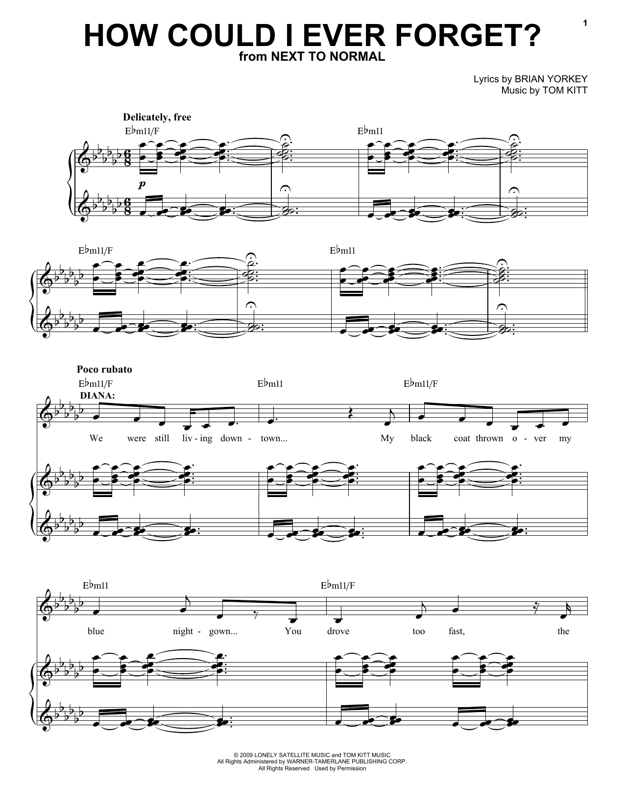 J. Robert Spencer & Alice Ripley How Could I Ever Forget? (from Next to Normal) sheet music, chords, lyrics - Printable PDF for Piano & Vocal