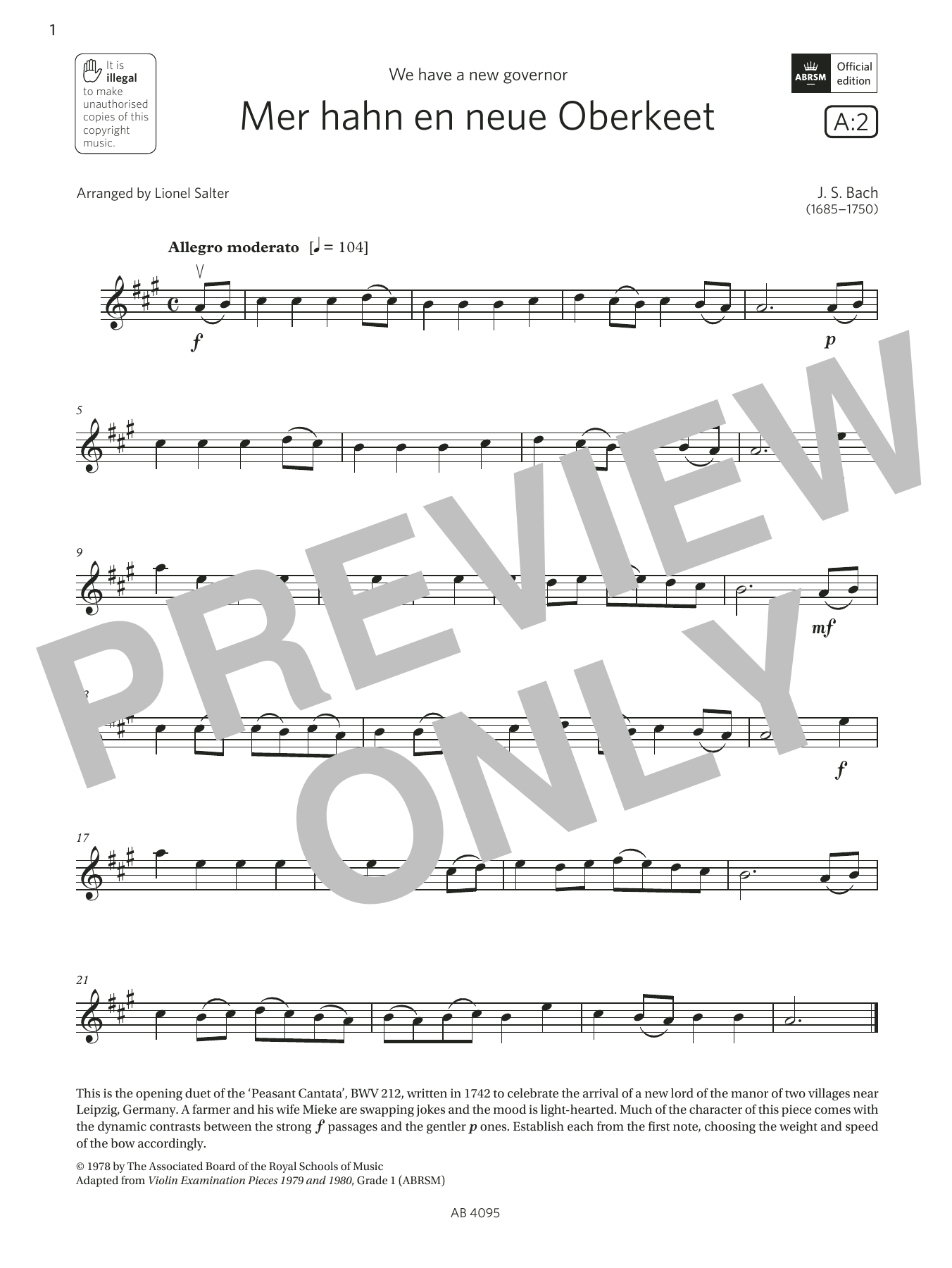 J. S. Bach Mer hahn en neue Oberkeet (Grade 1, A2, from the ABRSM Violin Syllabus from 2024) sheet music, chords, lyrics - Printable PDF for Violin Solo